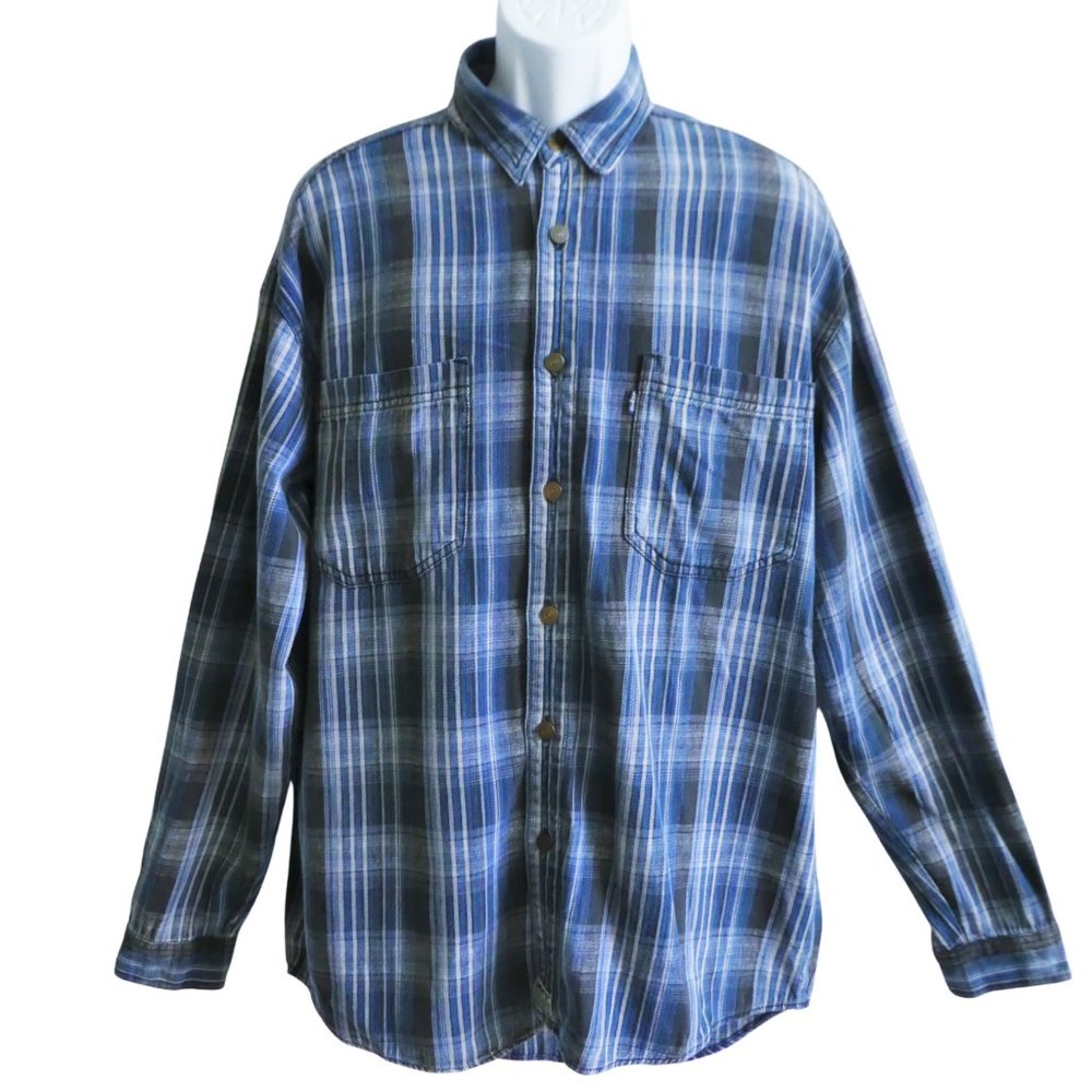 Vintage 90s Levi's Denim Blue Plaid Cotton Shirt Button Front Rugged Western L